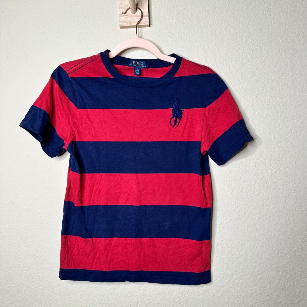 Polo Ralph Lauren Boys Red Navy Blue Striped Big Pony T-Shirt Size M 10-12